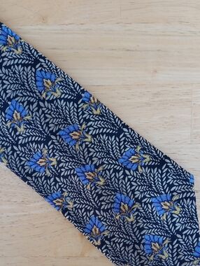 Robert Talbott Black Tie with Blue and Gold Floral Pattern